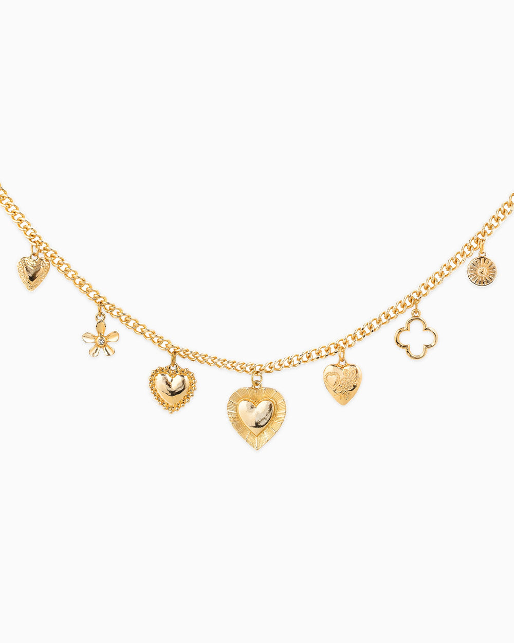 Gold chain bag charm featuring multiple heart, clover, flower, and coin pendants by Sessori.