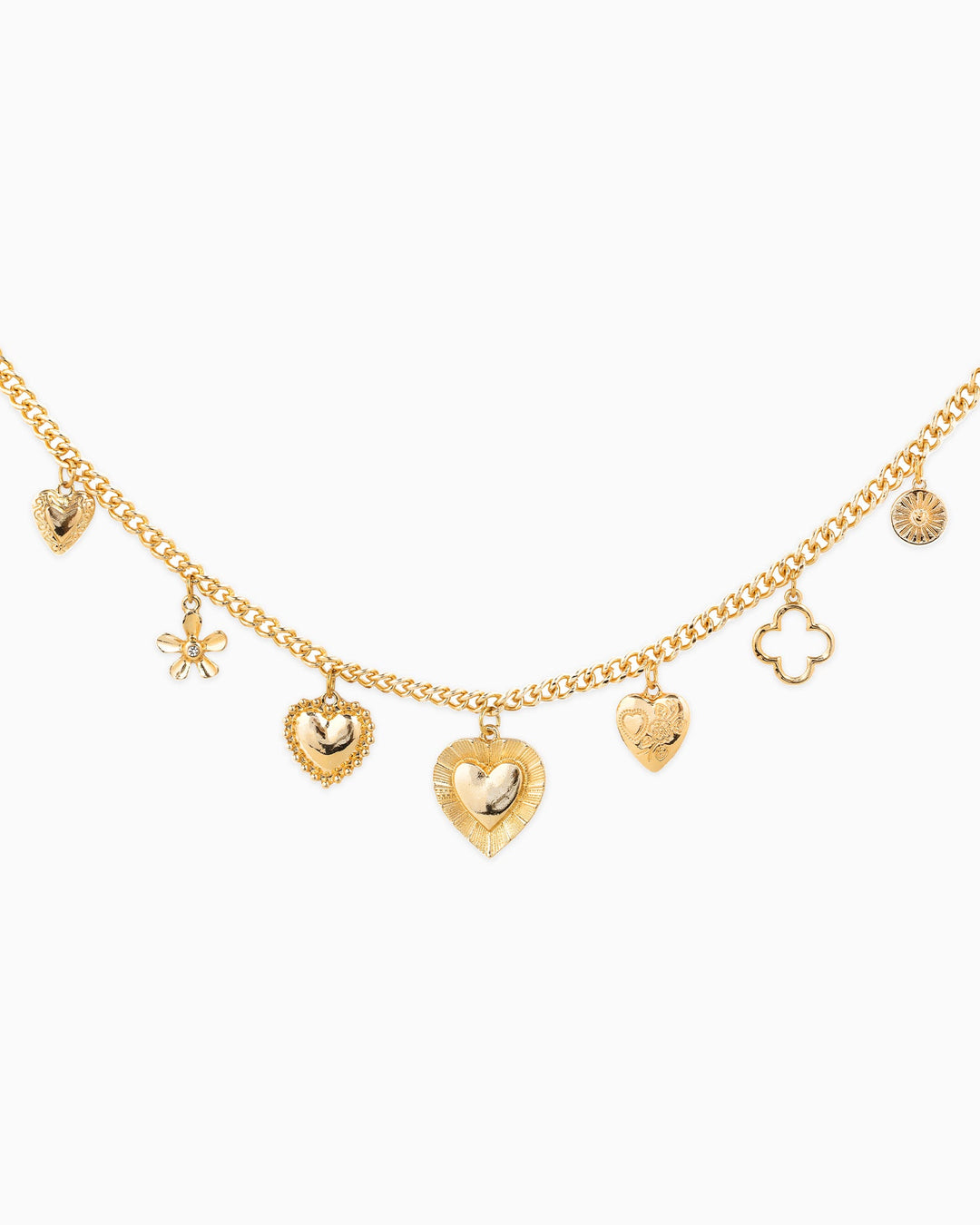 Gold chain bag charm featuring multiple heart, clover, flower, and coin pendants by Sessori.