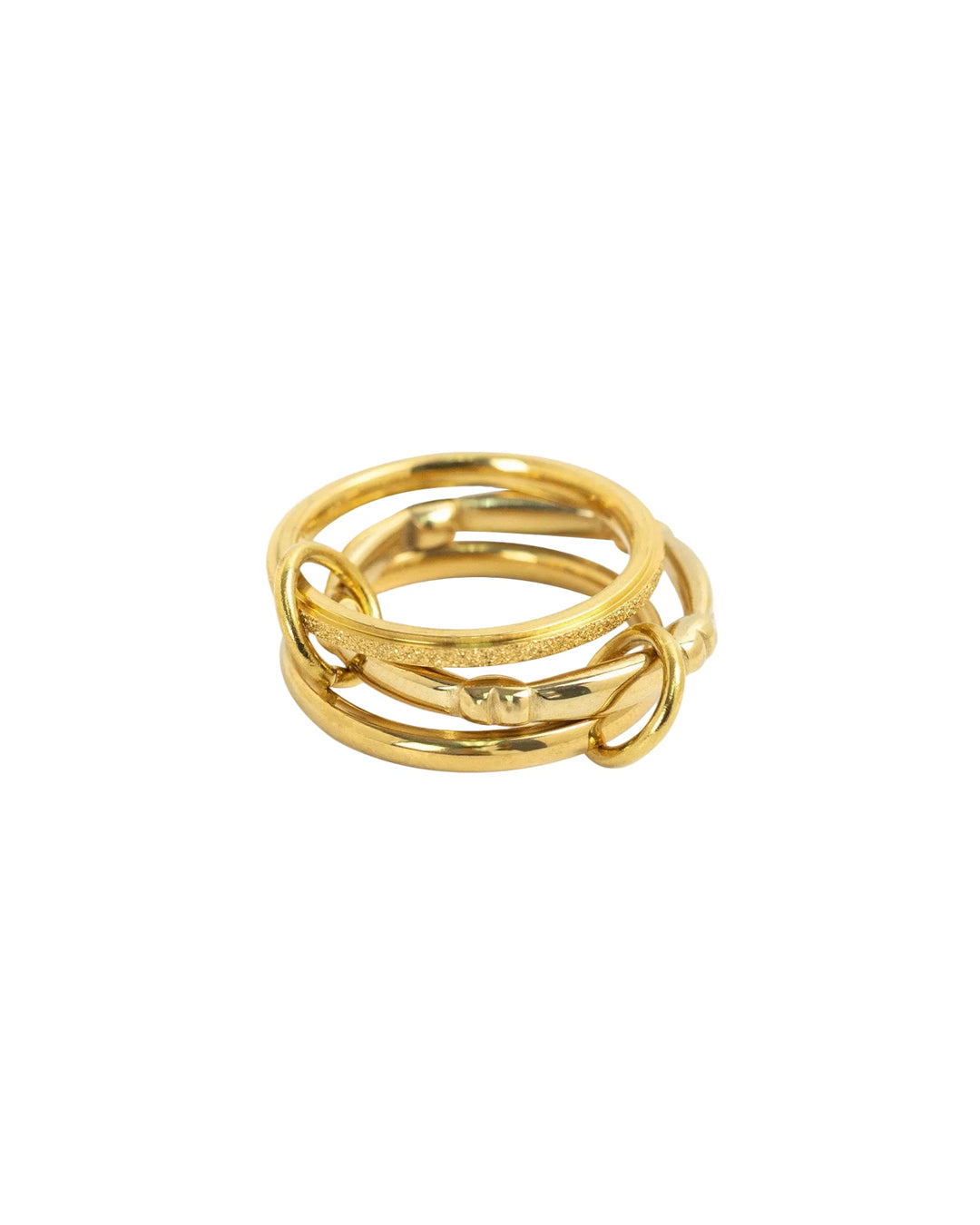 Sessori gold interlocking ring stack with three connected bands and link details