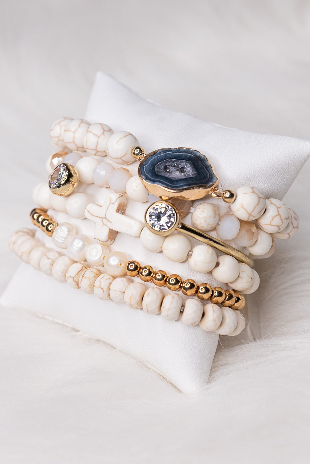 Dylan Jewelry Aspen white beaded bracelet set with gold accents and druzy stone