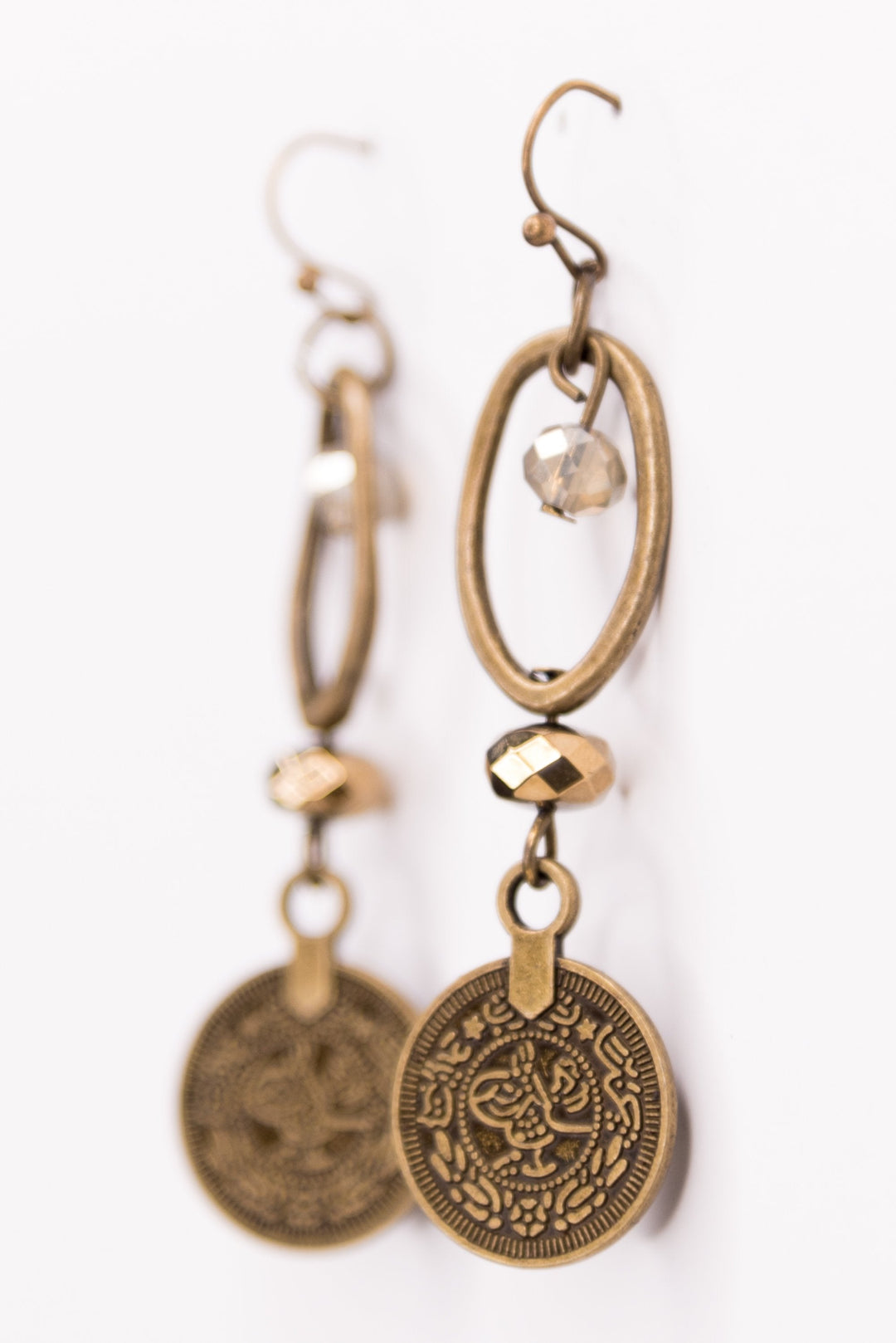Dylan Jewelry Molly antique brass dangle earrings with oval hoops, crystal beads, and coin charms