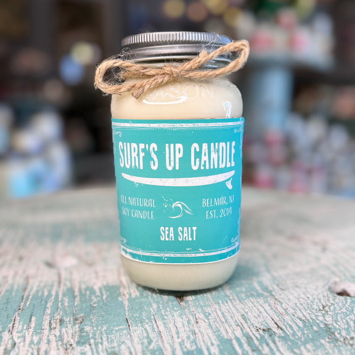 Surf's Up Candle Sea Salt scented all-natural soy candle in a mason jar with twine bow