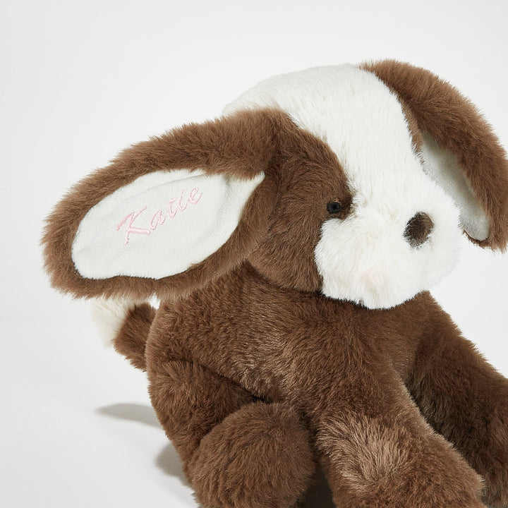 Bunnies by the Bay Little Floppy Mutt plush dog in cocoa brown with personalized Katie embroidery on ear