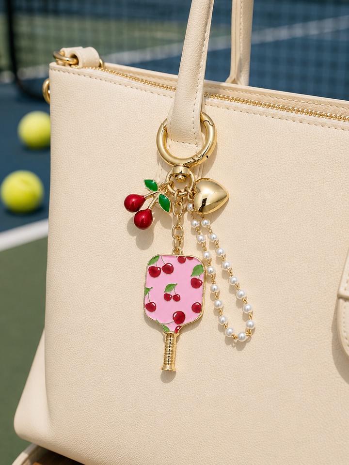 Sessori cherry pickleball paddle bag charm keychain with pearl wristlet on cream tote bag