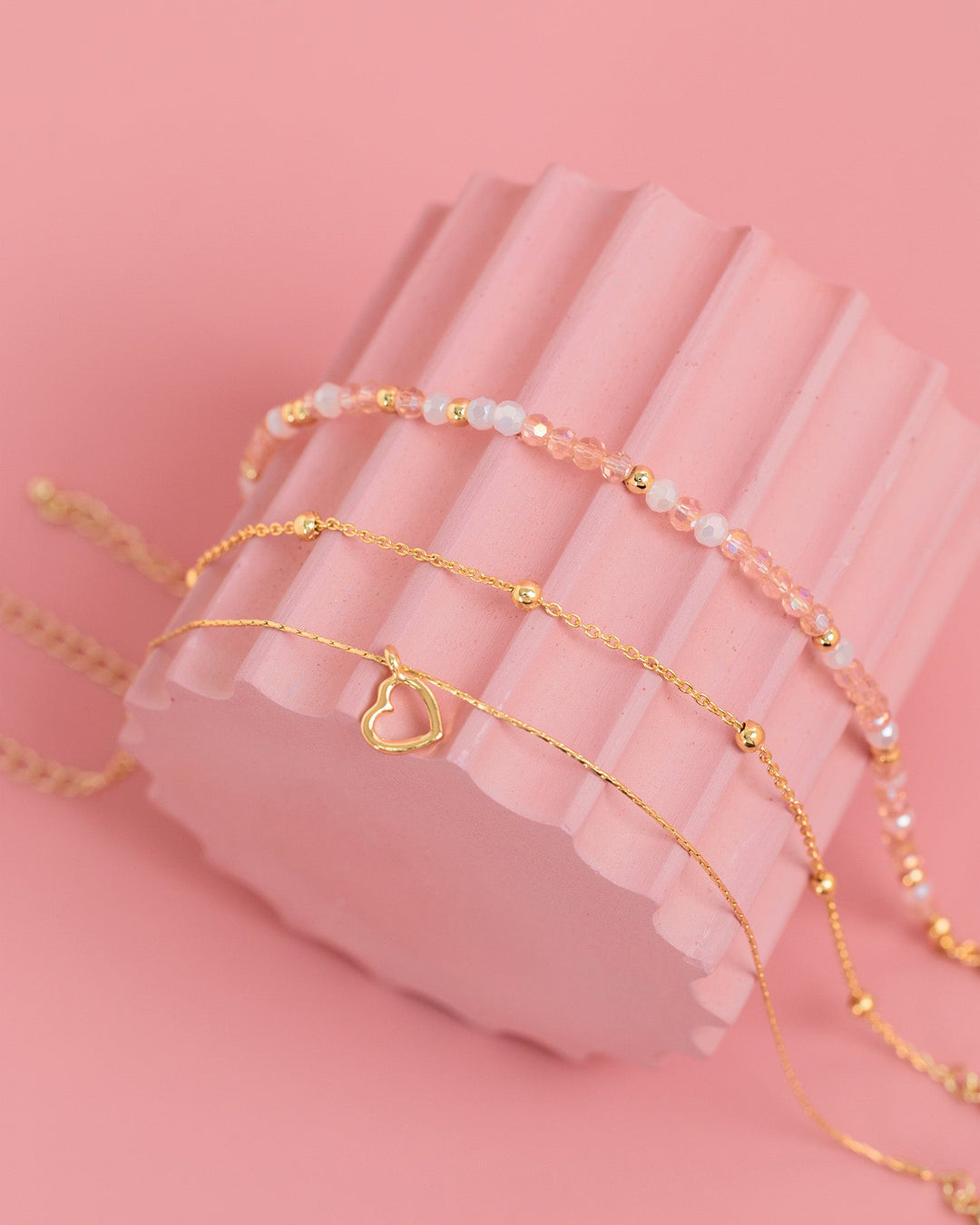 Sessori Valentine Blush Harmony Heart Bracelets set with gold chain and pink crystal beads