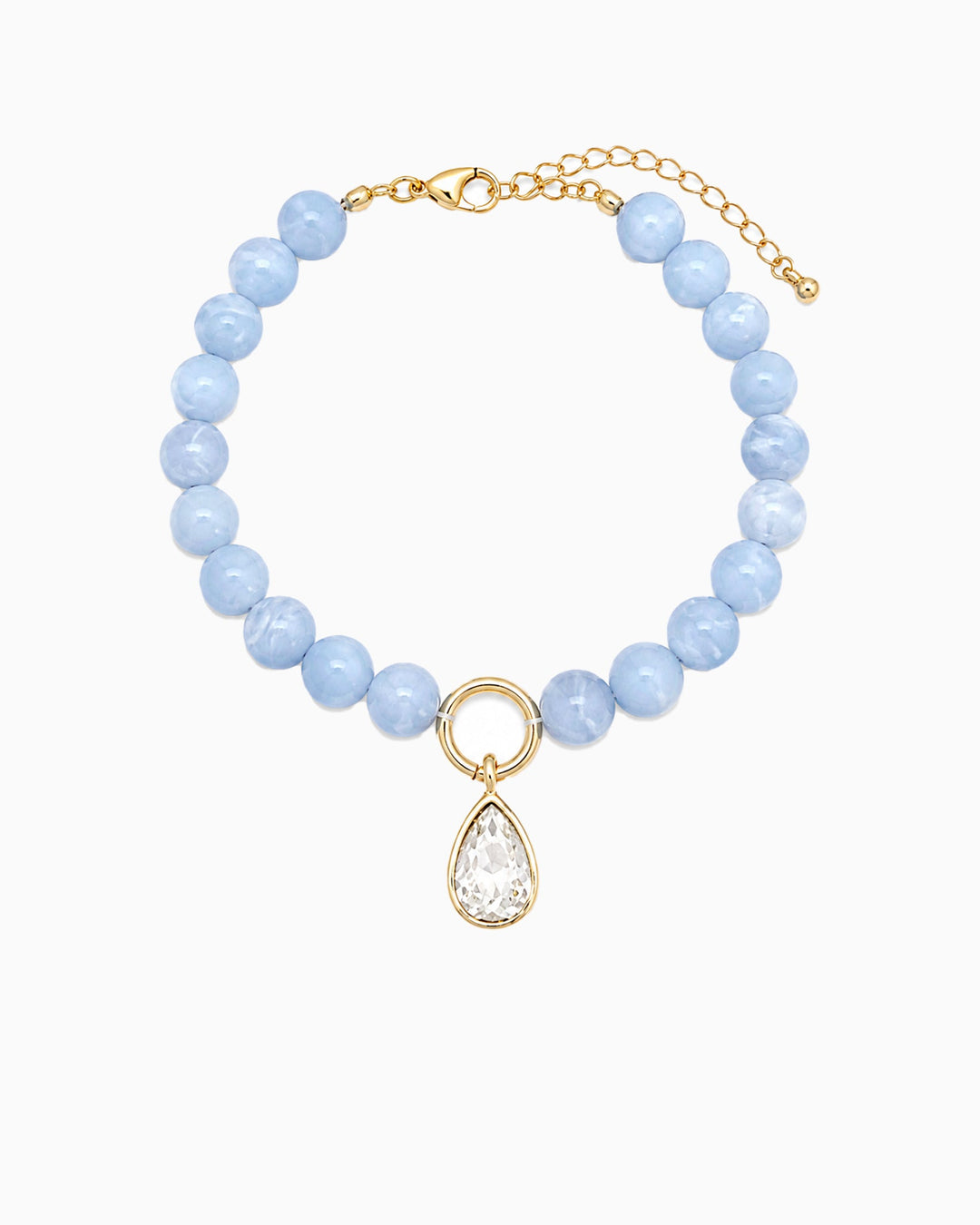 Sessori light blue marble bead bracelet with gold ring and clear crystal teardrop charm pendant