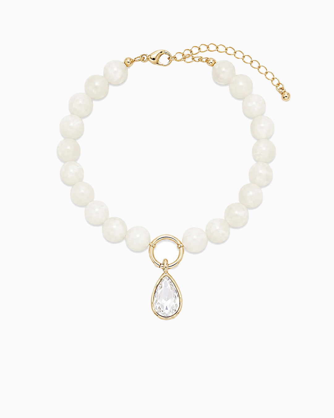 Ivory marble bead bracelet with gold teardrop crystal charm and lobster clasp extender