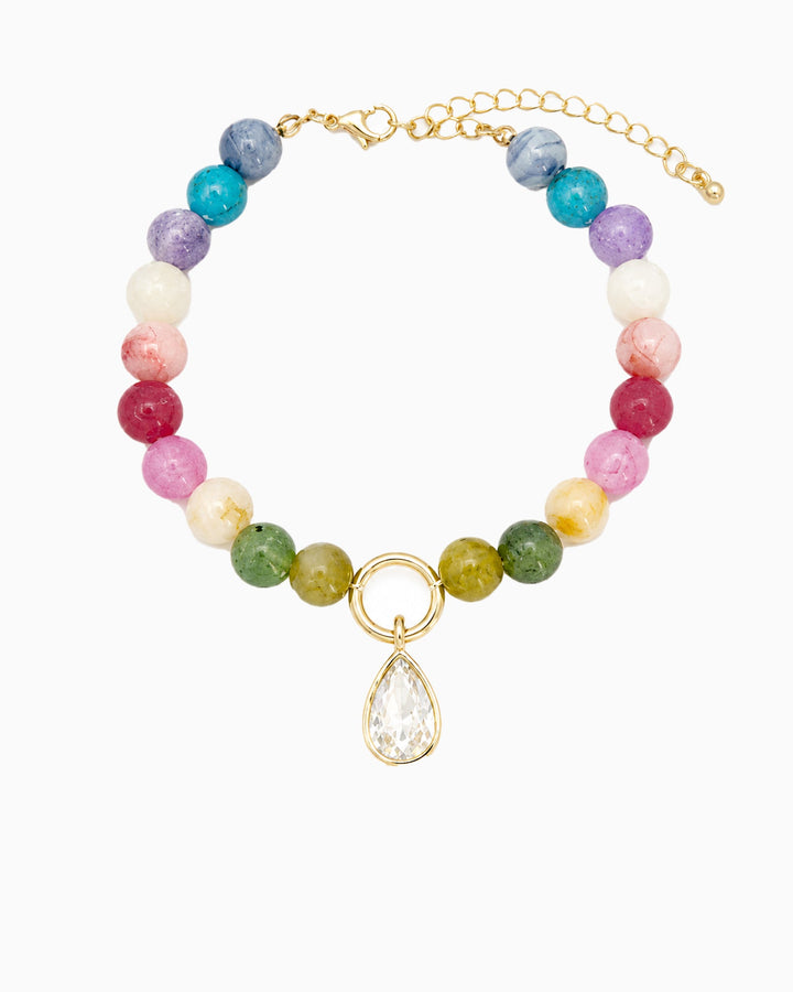 Marble pastel multi-color beaded necklace with gold ring and clear teardrop crystal pendant