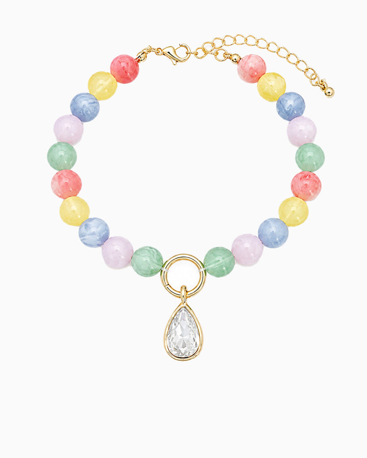 Sessori pastel multicolor marble bead necklace with gold teardrop crystal pendant and extender chain