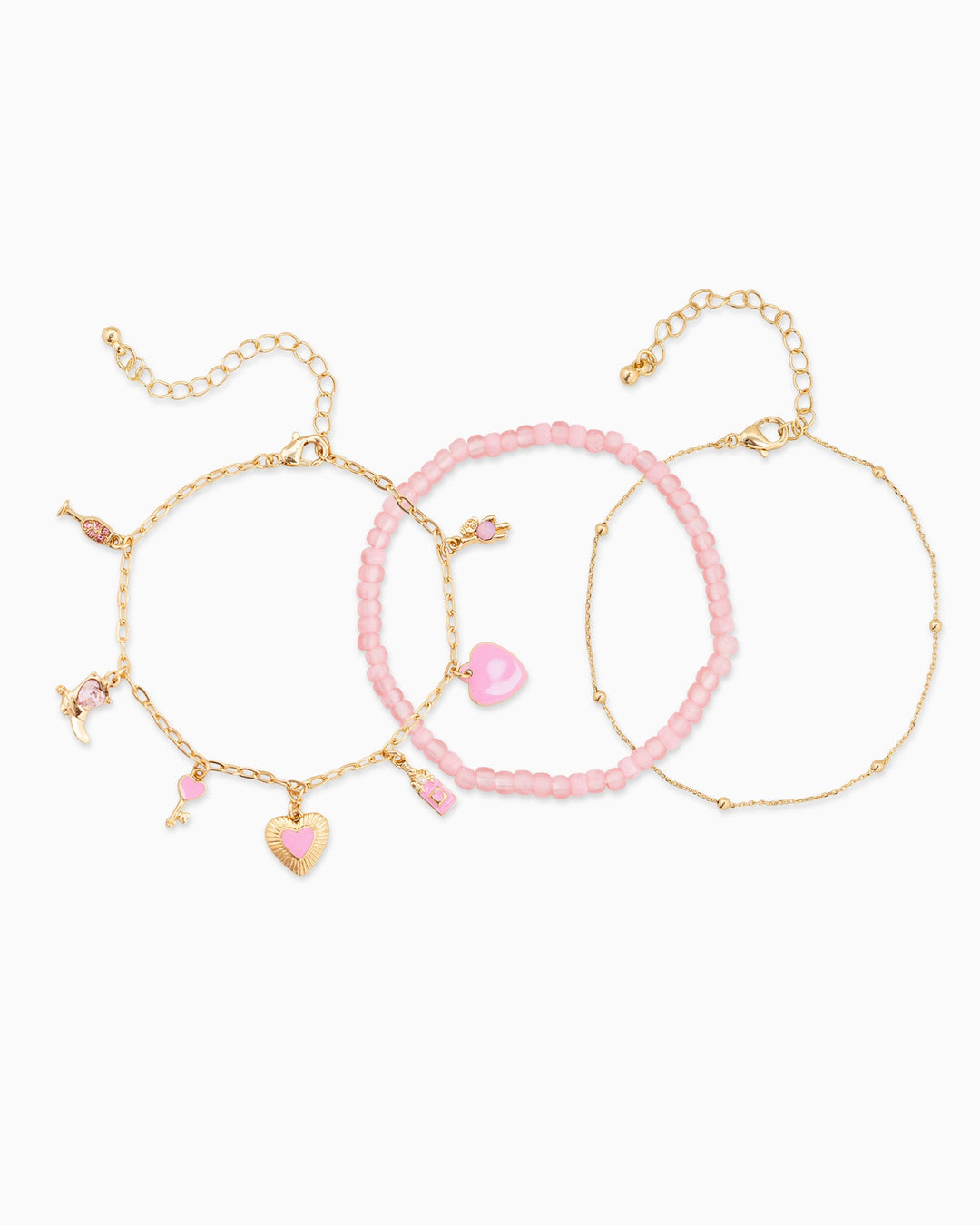 Sessori Valentine Color Mix Bracelet set with pink beads, heart charms, and gold chain