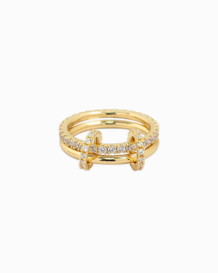 Sessori gold interlocking ring stack with pavé cubic zirconia double band design