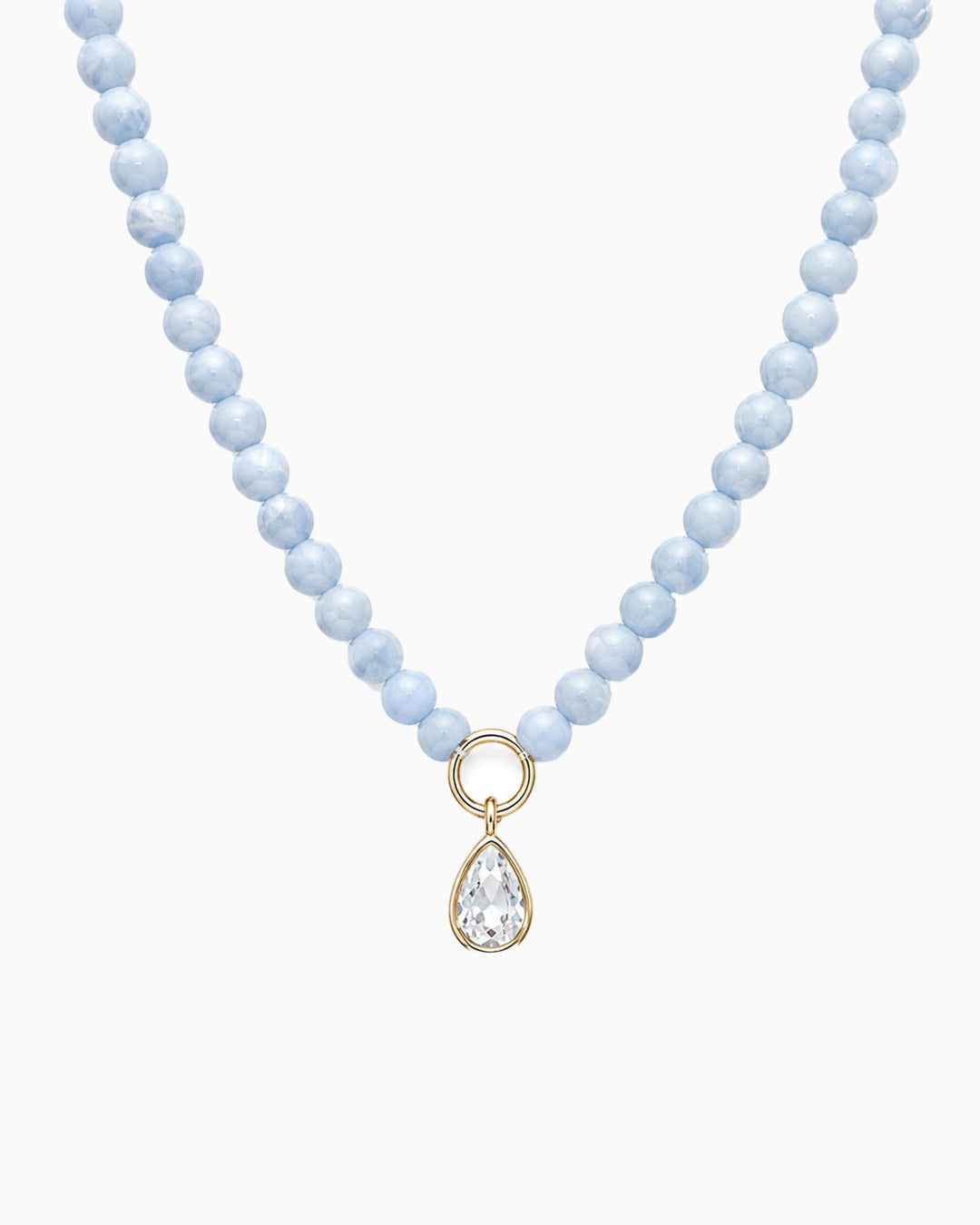 Sessori pastel blue marble bead necklace with gold ring and clear teardrop crystal pendant