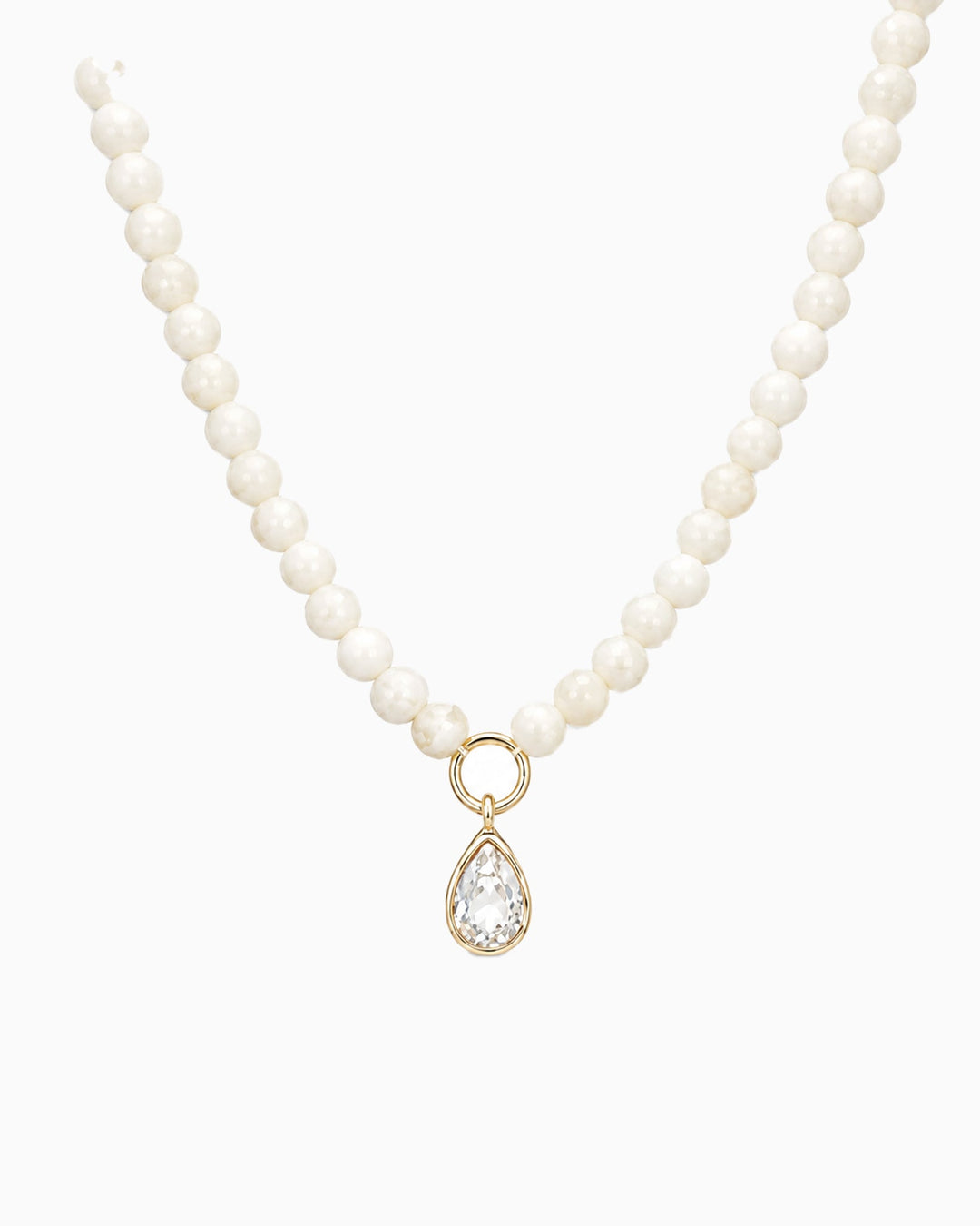 Sessori ivory pearl bead necklace with gold ring connector and clear teardrop crystal pendant