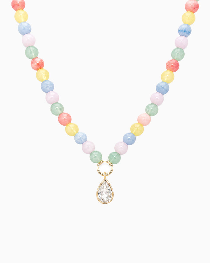 Sessori pastel multicolor beaded necklace with gold teardrop crystal pendant on white background