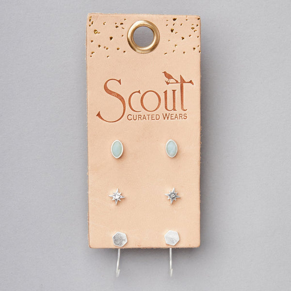 Scout Stud Trio earring set with amazonite stones, stars, and silver circles on card