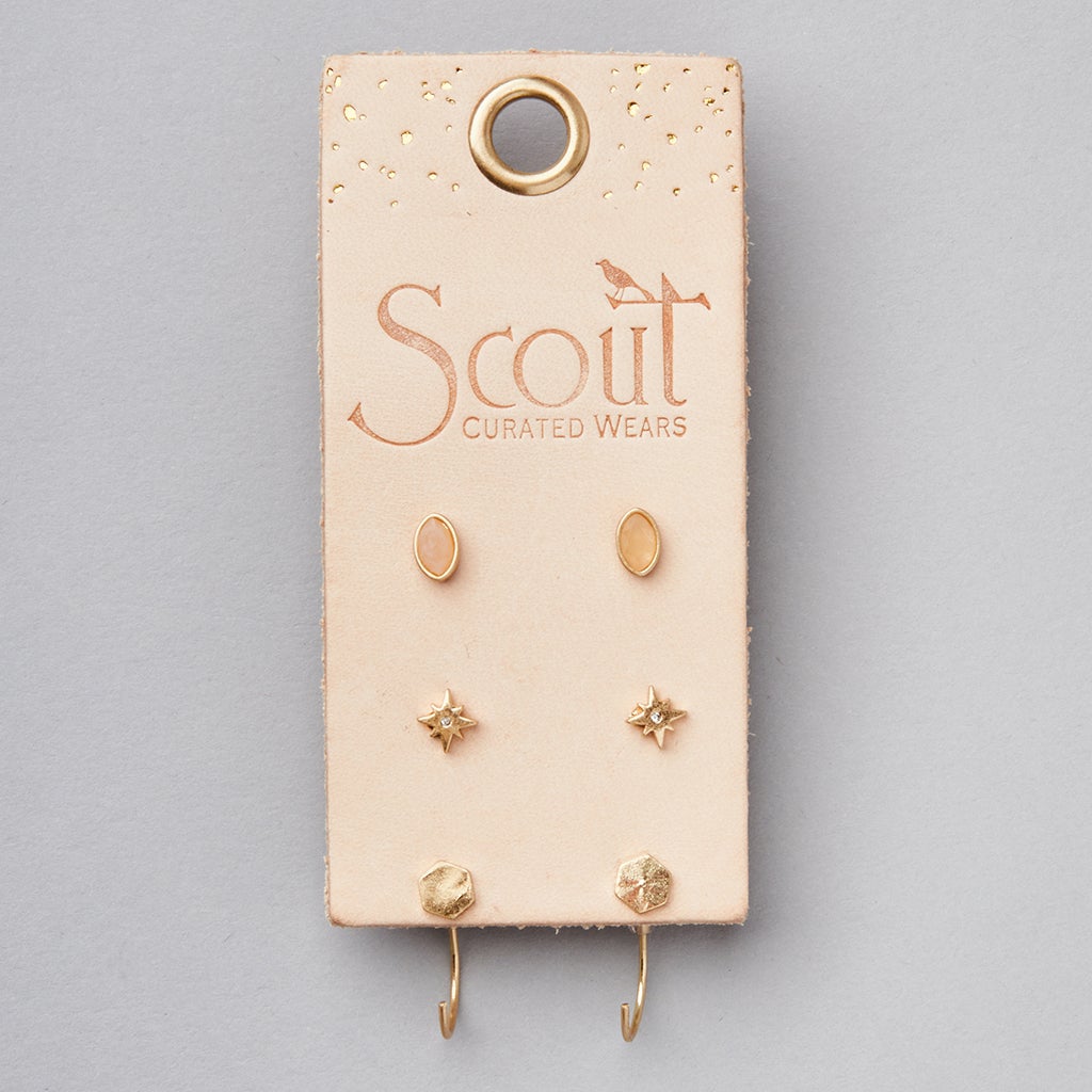 Scout Curated Wears gold stud earring trio set with oval, star, and textured designs