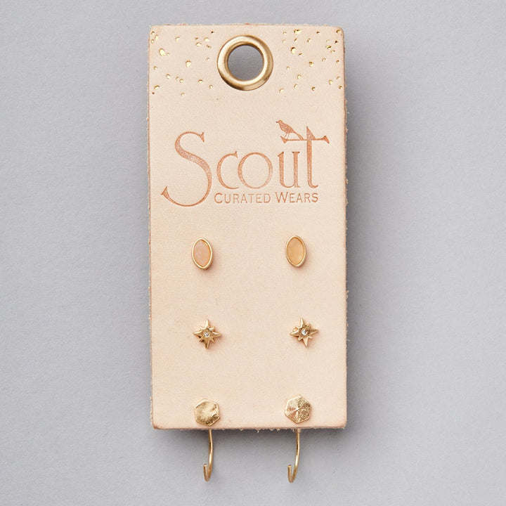 Scout Curated Wears gold stud earring trio set with oval, star, and textured designs