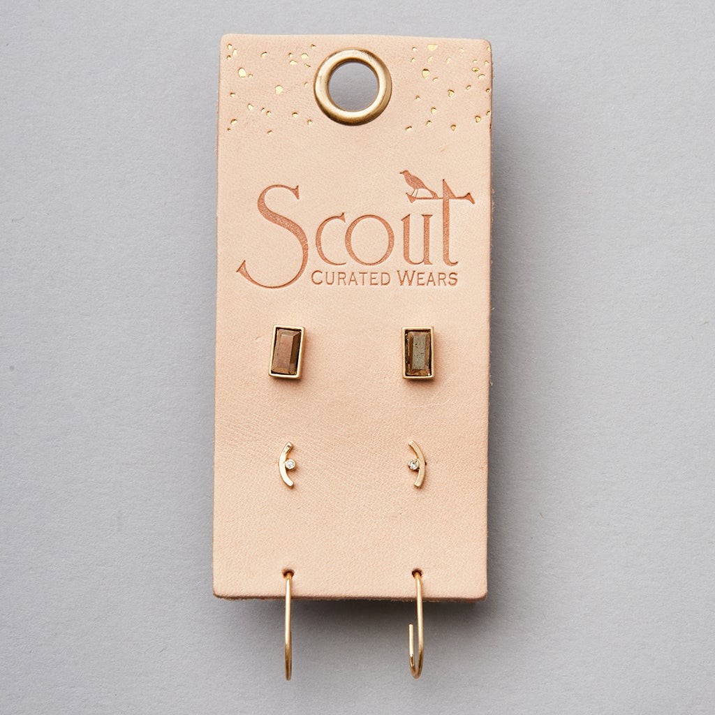 Scout Curated Wears gold stud trio earring set with pyrite stones and hoops
