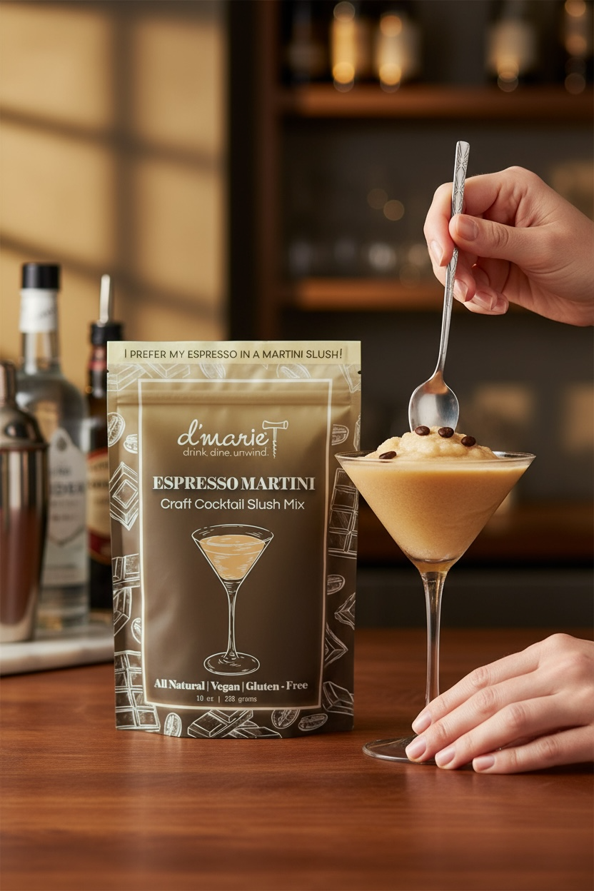 D'Marie Espresso Martini Craft Cocktail Slush Mix package with prepared drink and coffee beans