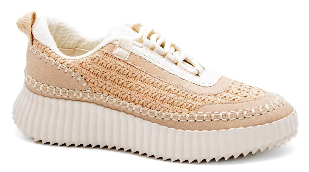 Corkys Adventure Tennis Shoe in beige with woven texture and white platform sole