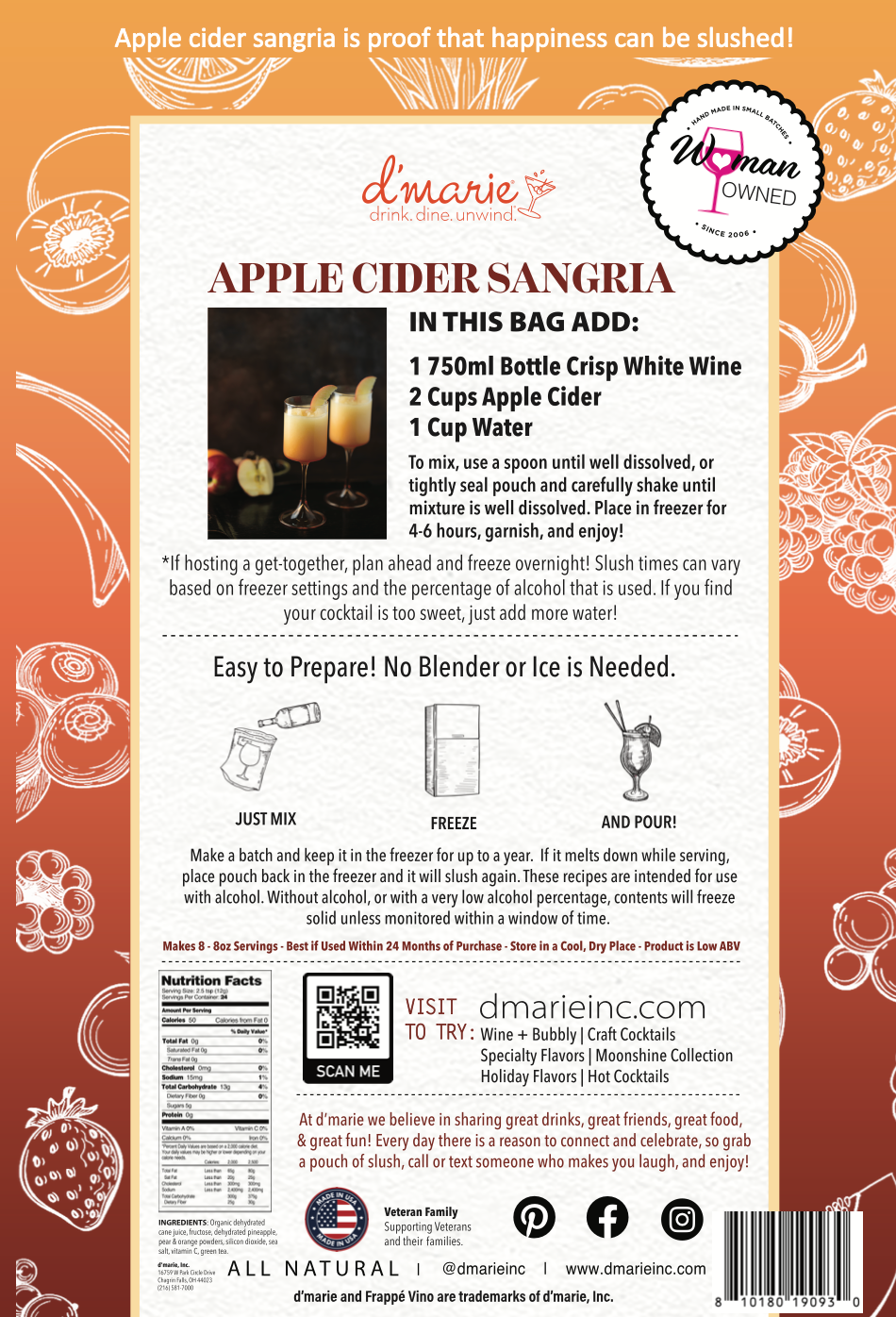 D'Marie Apple Cider Sangria cocktail mix package with orange background and recipe instructions