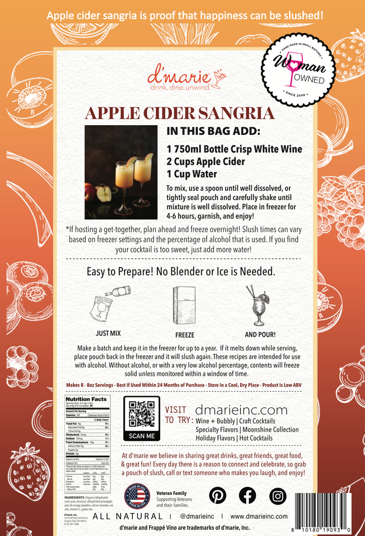 D'Marie Apple Cider Sangria cocktail mix package with orange background and recipe instructions