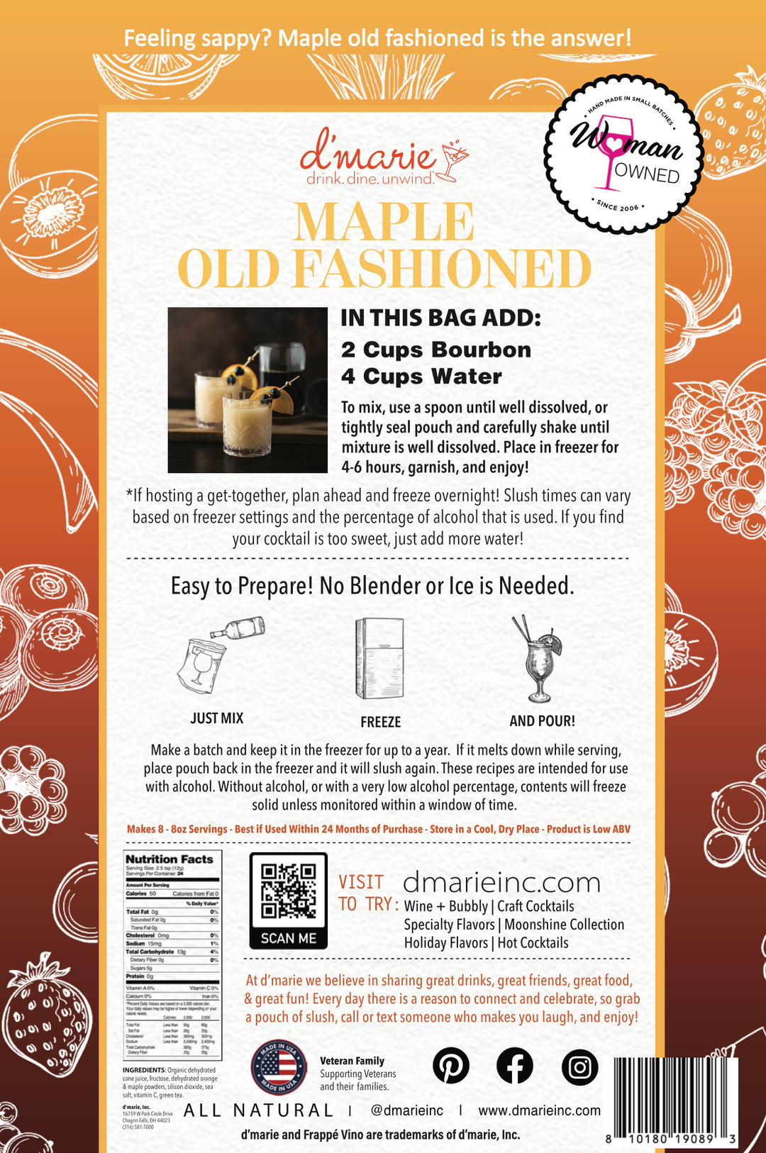 D'Marie Maple Old Fashioned cocktail mix bag with orange packaging and ingredients list