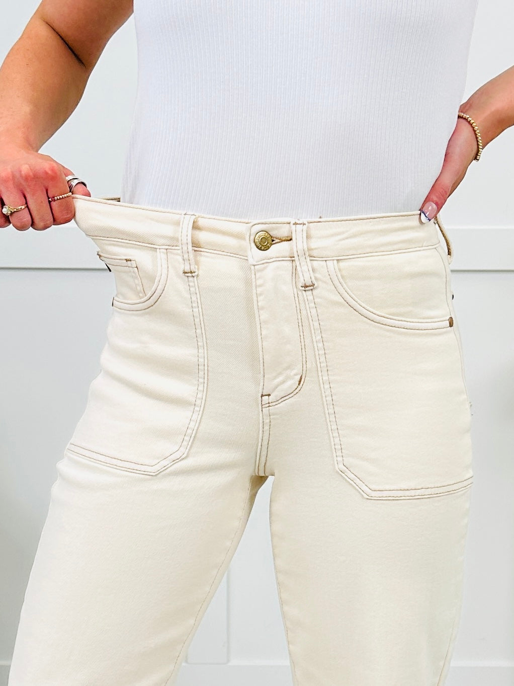 Judy Blue high waist wide crop pants in cream color with contrast stitching