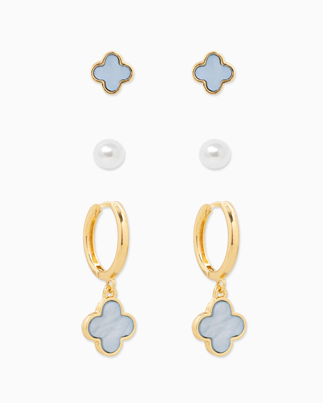 Sessori three-piece earring set with light blue clover studs, pearl studs, and gold hoop earrings