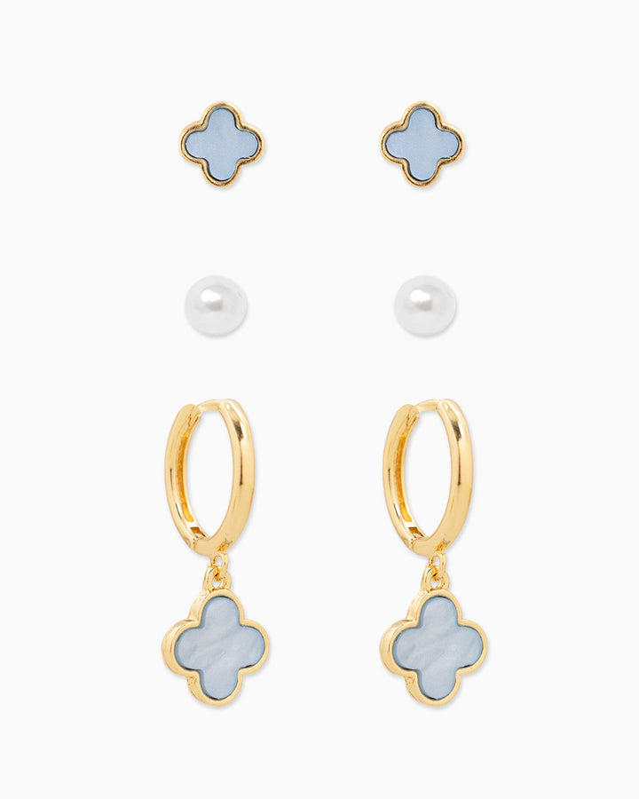 Sessori three-piece earring set with light blue clover studs, pearl studs, and gold hoop earrings