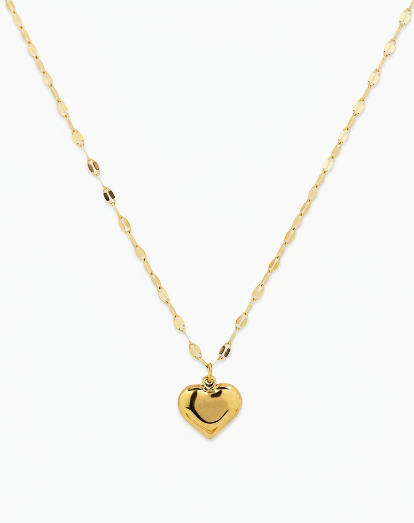 Gold stainless steel puffy heart pendant necklace with oval link chain by Sessori