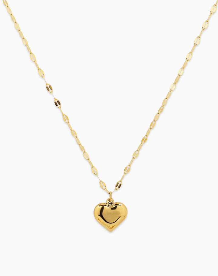 Gold stainless steel puffy heart pendant necklace with oval link chain by Sessori