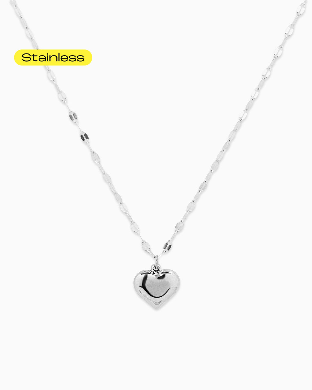 Sessori stainless steel puffy heart pendant necklace with delicate silver chain.