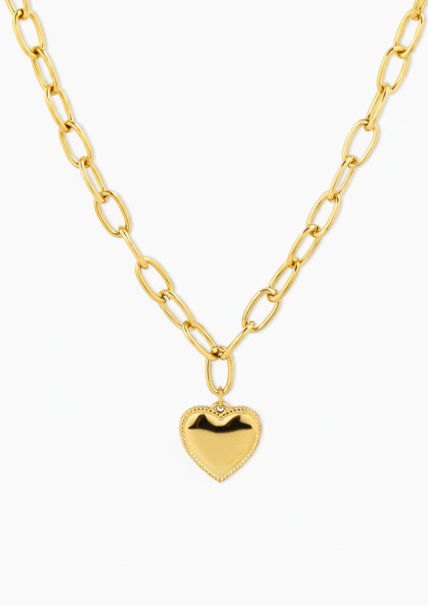 Gold stainless steel chunky oval link chain necklace with puffy heart pendant and milgrain border