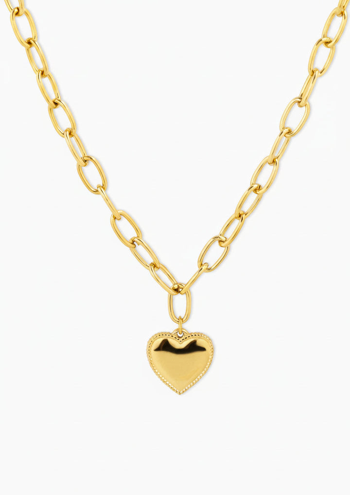 Gold stainless steel chunky oval link chain necklace with puffy heart pendant and milgrain border