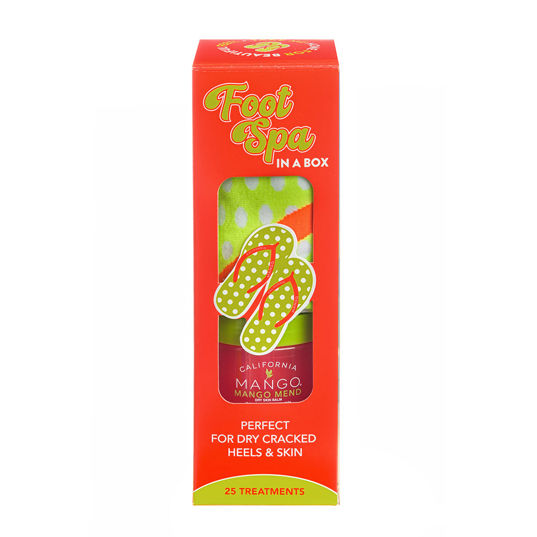 California Mango Foot Spa in a Box kit with green polka-dot flip flops and Mango Mend balm