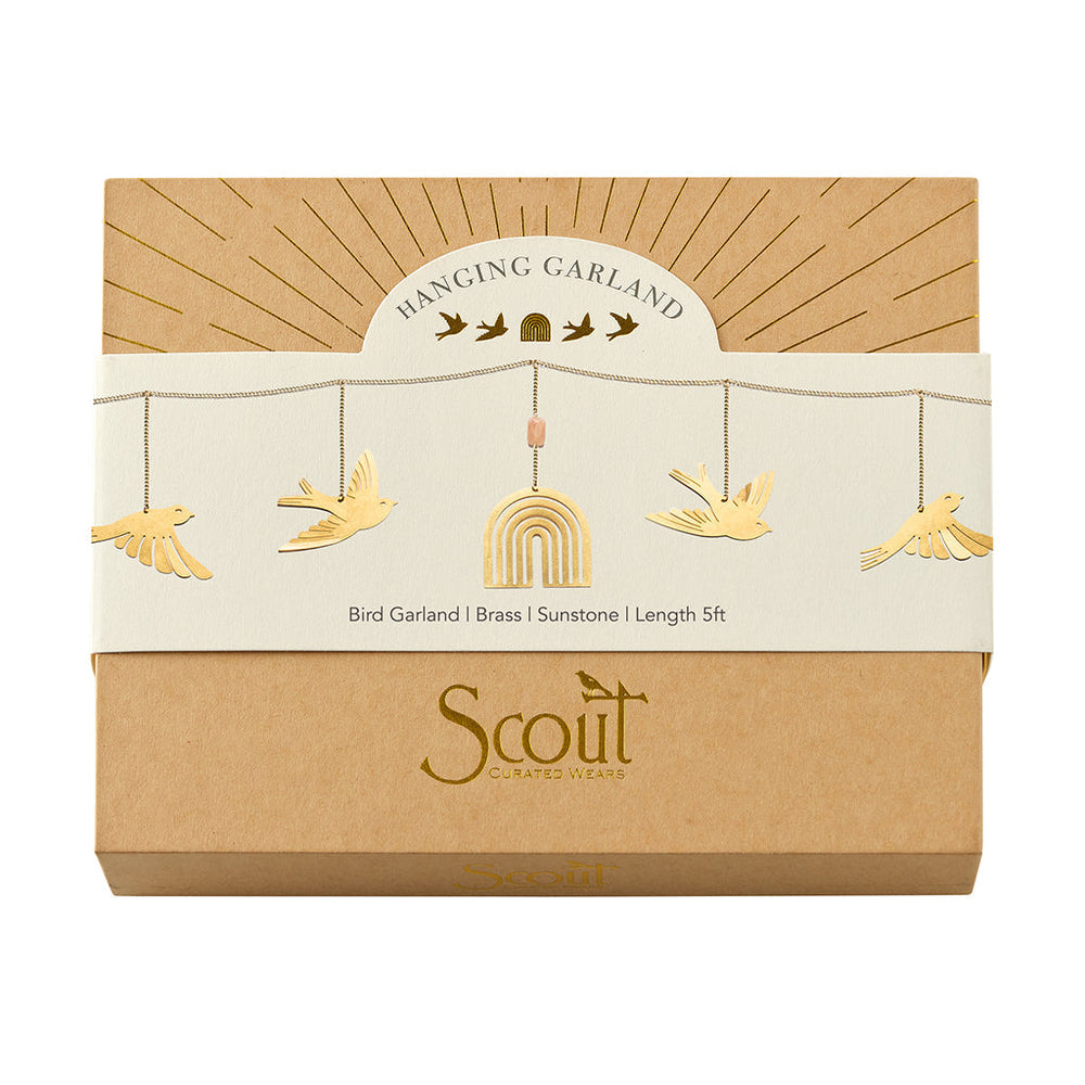 Scout Hanging Garland featuring brass bird silhouettes and rainbow design, 5ft length