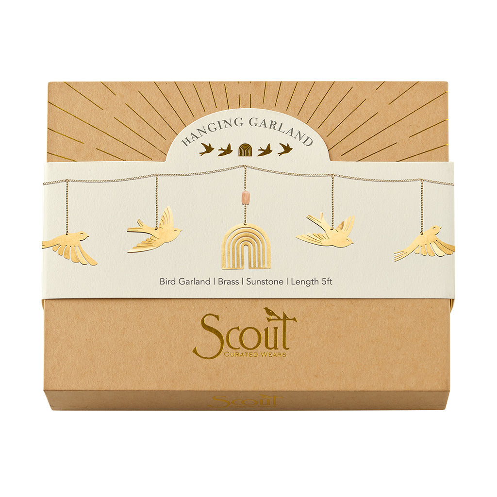 Scout Hanging Garland featuring brass bird silhouettes and rainbow design, 5ft length
