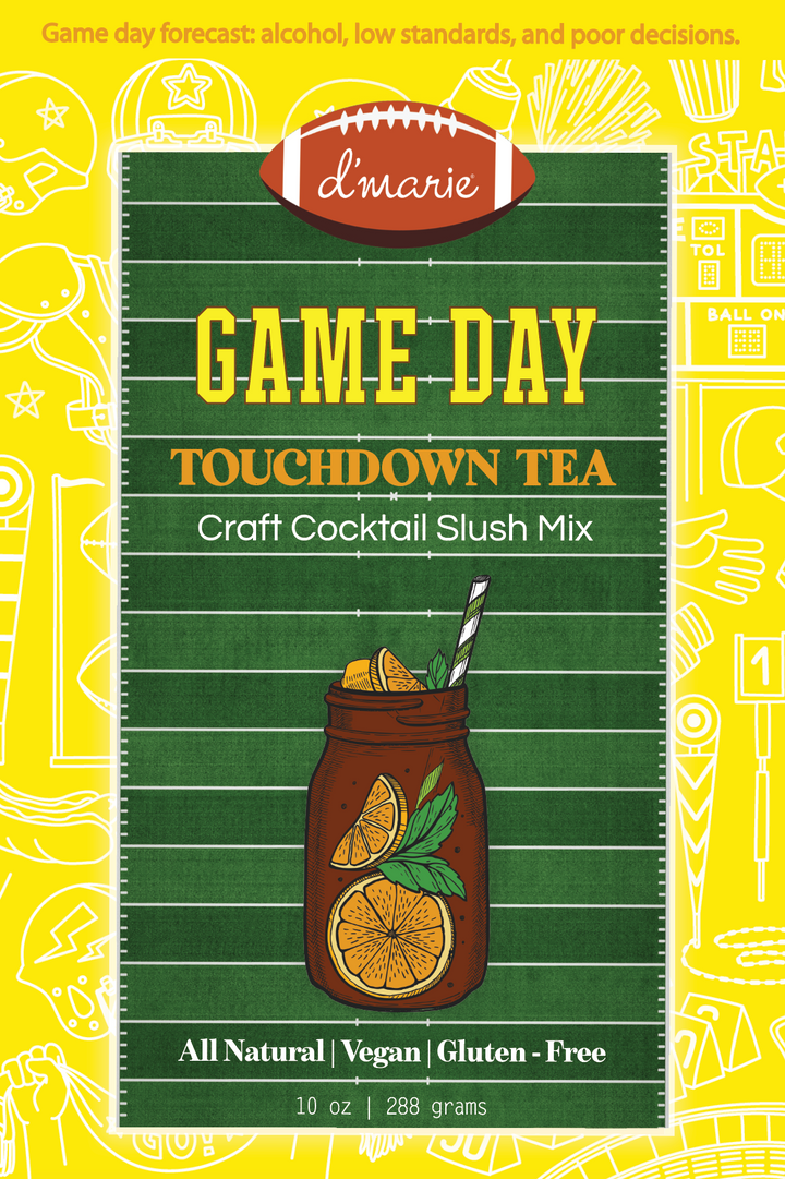 D'Marie Game Day Touchdown Tea Craft Cocktail Slush Mix in football field themed packaging
