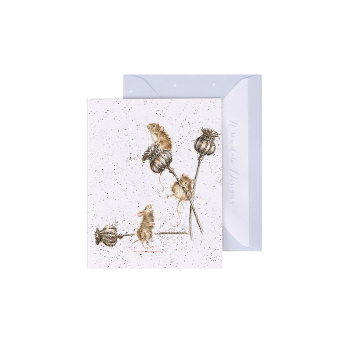 Wrendale Country Mice Mini Card featuring adorable mice with dandelions on speckled white background