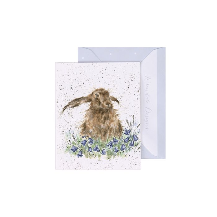 Wrendale Bright Eyes Mini Card featuring watercolor rabbit among blue flowers with envelope