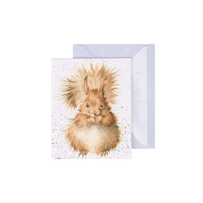Wrendale greeting card featuring watercolor red squirrel with fluffy tail on speckled white background