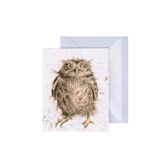 Wrendale What a Hoot Mini Card featuring watercolor owl illustration with matching purple envelope