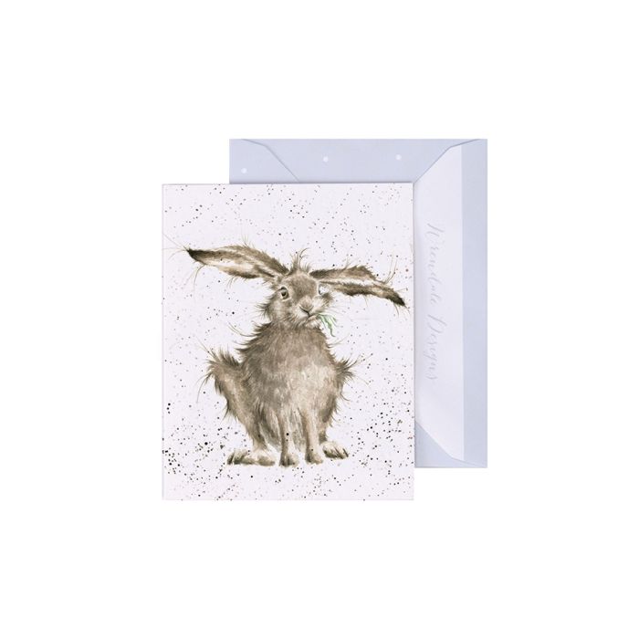 Wrendale Hare-Brained Mini Card featuring charming brown hare illustration with speckled background