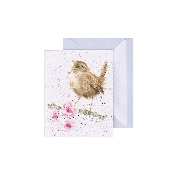 Wrendale Little Tweets Mini Card featuring brown bird with pink flowers on speckled white background