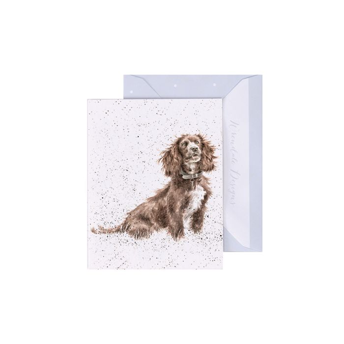Wrendale Obedience Mini Card featuring watercolor brown spaniel dog on speckled white background