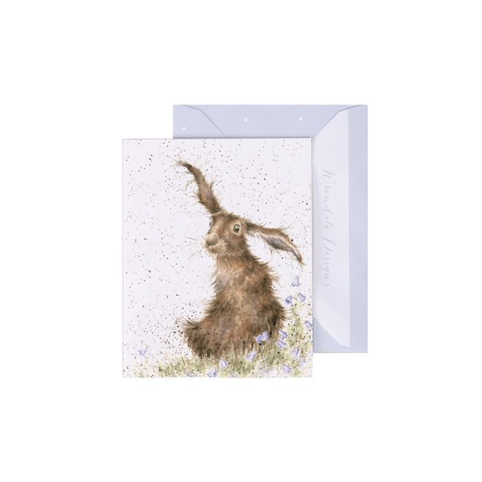 Wrendale Harebells Mini Card featuring watercolor hare with purple flowers and matching envelope
