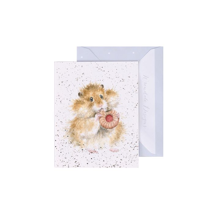 Wrendale mini greeting card featuring watercolor hamster holding pink donut with speckled background