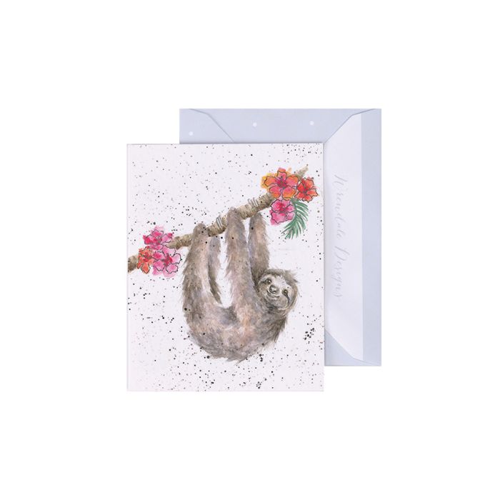 Wrendale Hanging Around Mini Card featuring watercolor sloth with tropical flowers on speckled background