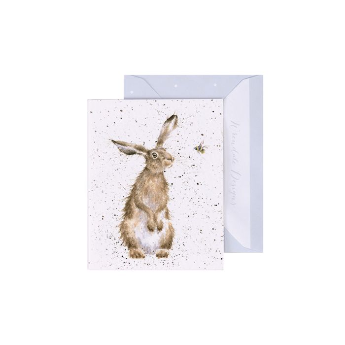 Wrendale greeting card featuring watercolor hare with bee and speckled background design